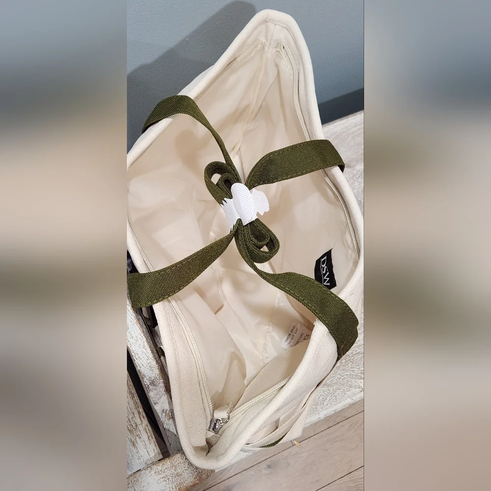 DSW Stylish Ivory/Cream Tote Bag with Olive Straps